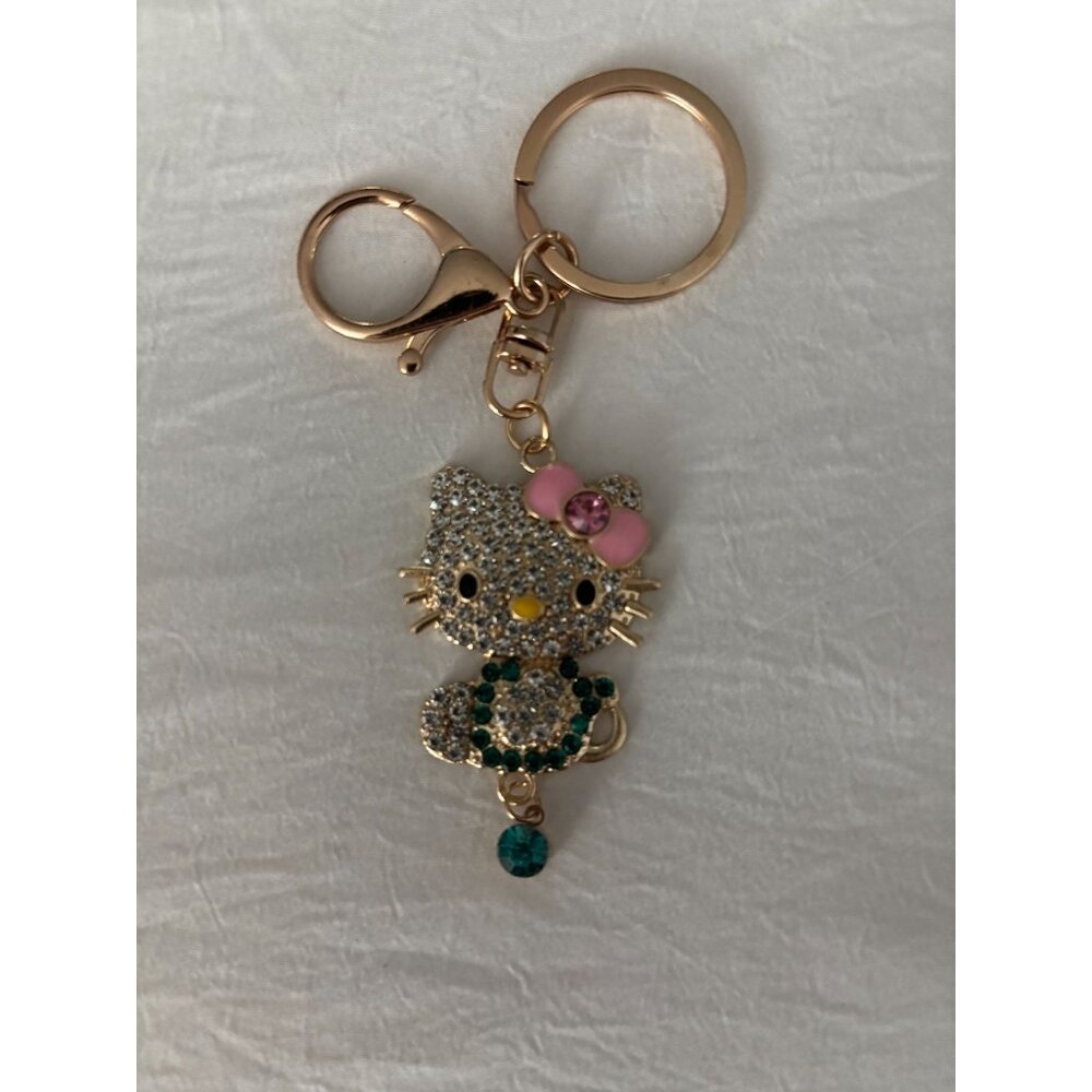 Hello Kitty Rhinestone Keychain With Pink Bow & Teal Accents
